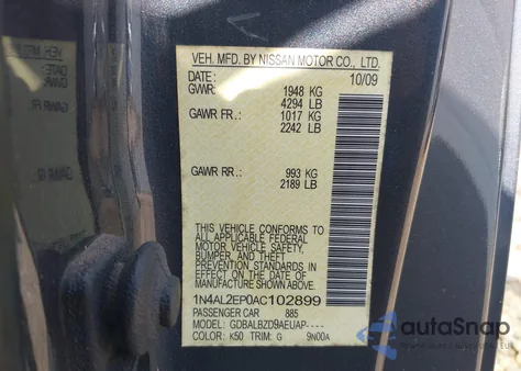 2010 Nissan Altima 2.5 S z USA, uszkodzony, nr VIN 1N4AL2EP0AC102899